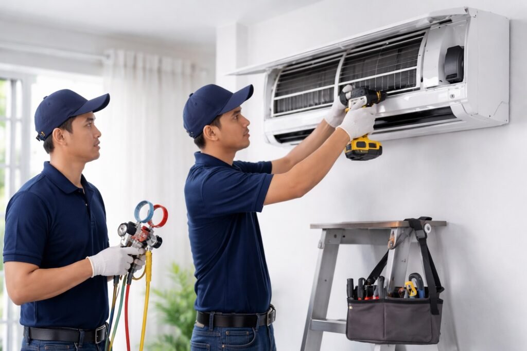Aircond repair technicians servicing a wall-mounted air conditioner in a Shah Alam home for fast and emergency aircond repair.